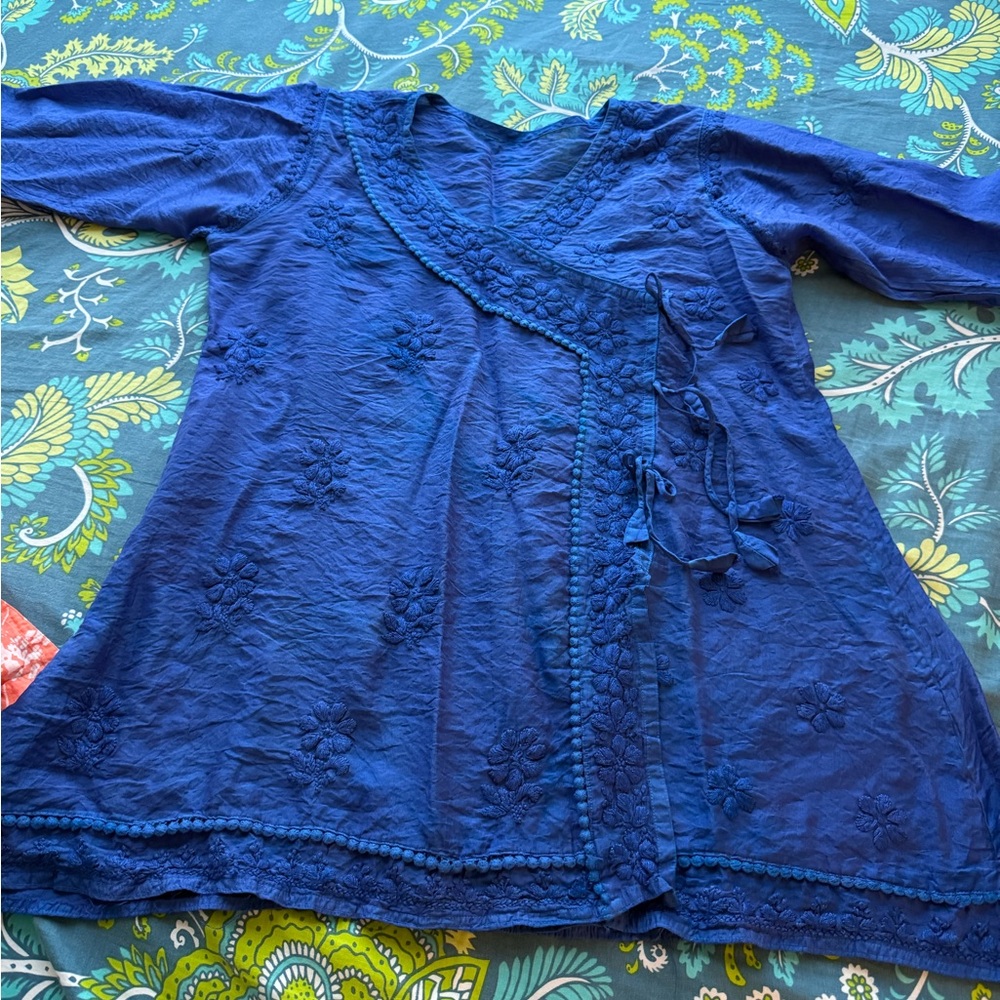 Blue Embroidered Tunic Top